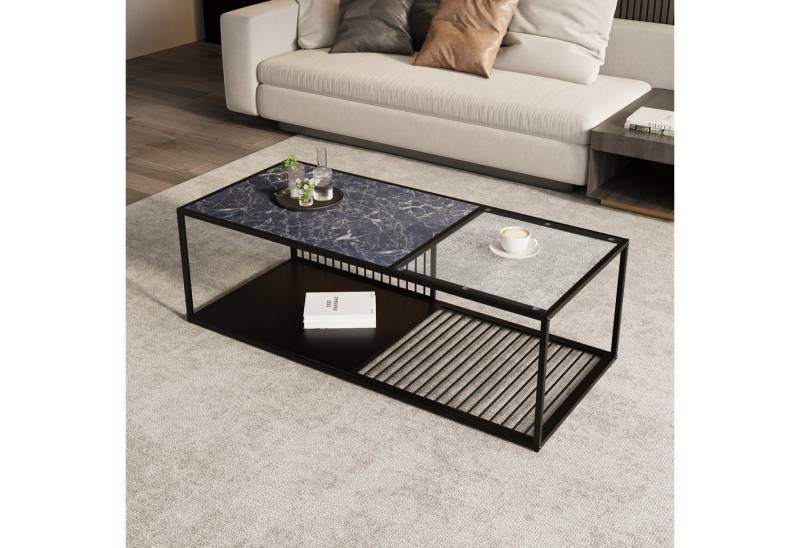 HAUSS SPOLE Couchtisch Schmiedeeiserner Couchtisch mit Glas, großer Stauraum, schwarz (Satztisch, Wohnzimmertisch Beistelltisch, 1-St., wasserdichten, pulverbeschichteten Eisenrahmen), Schmiedeeiserner Tisch mit Glas, Oberfläche mit Marmorstruktur von HAUSS SPOLE