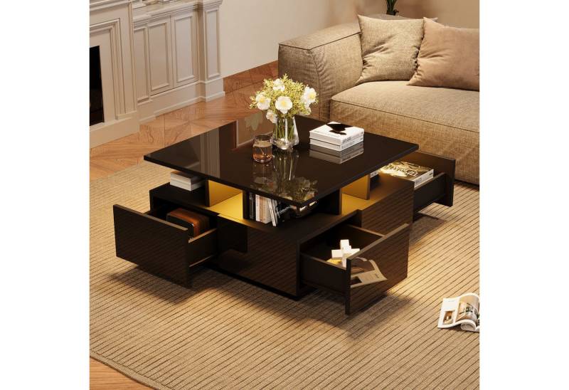 HAUSS SPOLE Couchtisch hochglanz Kaffeetisch mit LED Licht, Sofatisch mit4 schubladen Schwarz (Satztisch, Wohnzimmertisch, Beistelltisch, 1-St., mit 4 schubladen), mit LED licht, geometrische Design von HAUSS SPOLE