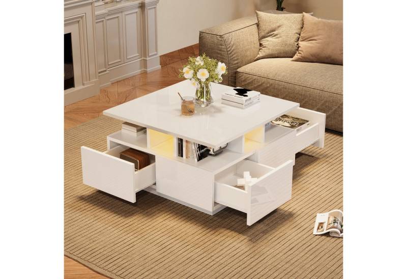 HAUSS SPOLE Couchtisch hochglanz Kaffeetisch mit LED Licht, Sofatisch mit4 schubladen Weiß (Satztisch, Wohnzimmertisch, Beistelltisch, 1-St., mit 4 schubladen), mit LED licht, geometrische Design von HAUSS SPOLE