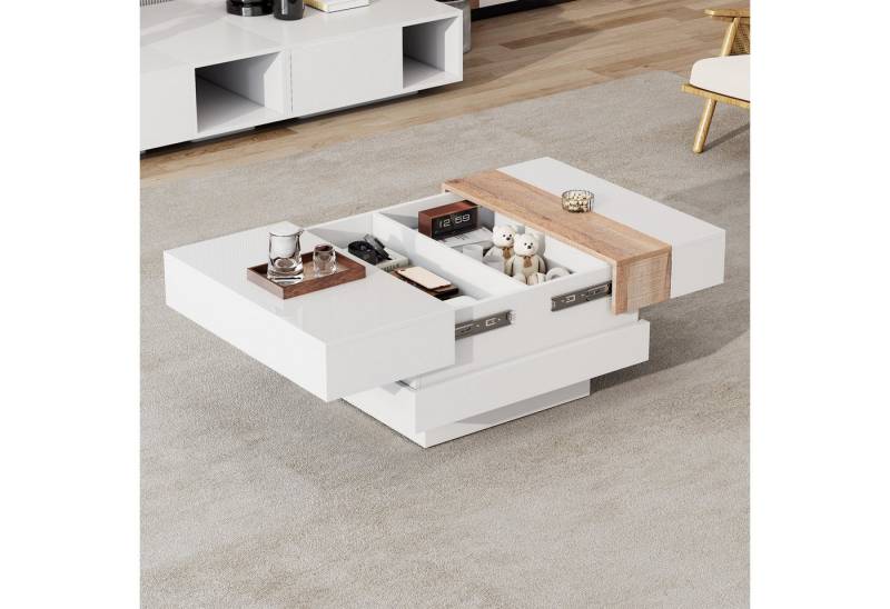 HAUSS SPOLE Couchtisch hochglanz mit ausziehbarer Tischplatte, mit verstecktem Stauraum weiß (Beistelltisch, Sofatisch, Wohnzimmertisch, 1-St., 70*70*39cm), mit verstecktem Stauraum von HAUSS SPOLE