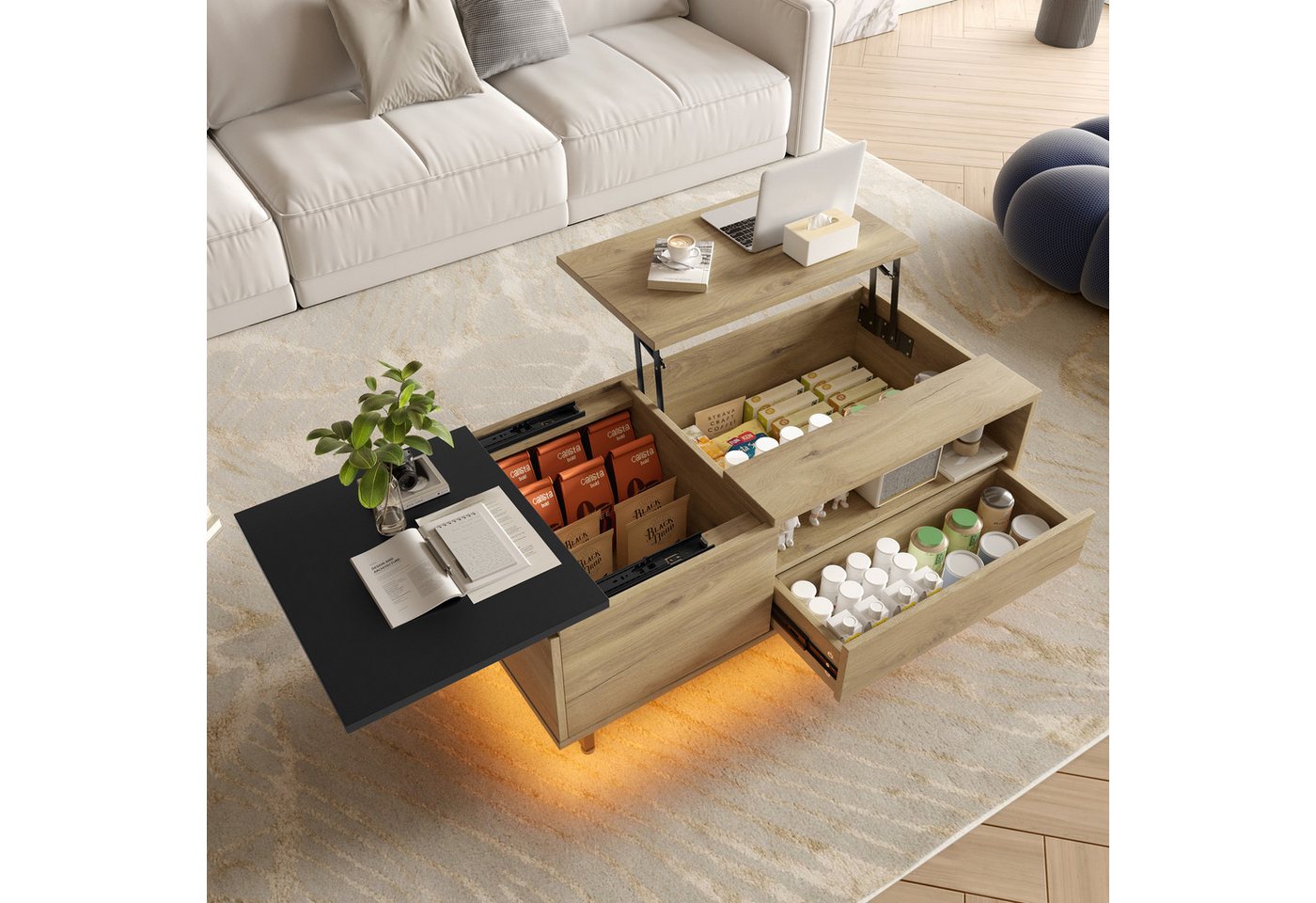 HAUSS SPOLE Couchtisch höhenverstellbar Wohnzimmertisch mit LED Sofatisch mit Schubladen von HAUSS SPOLE