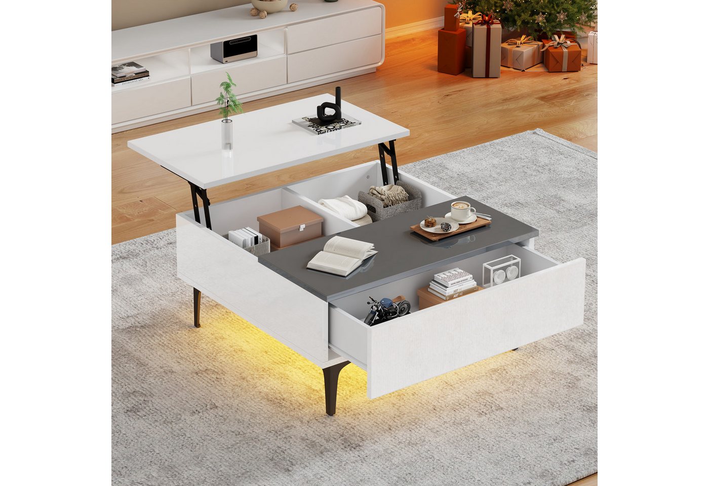 HAUSS SPOLE Couchtisch höhenverstellbarer LED-Kaffeetisch mit verstecktem Stauraum Schubladen (Hochglanz-Wohnzimmertisch, Satztisch, 1-St., Schubladen, 1 verstecktem Stauraum), mit LED, hochglänzend von HAUSS SPOLE