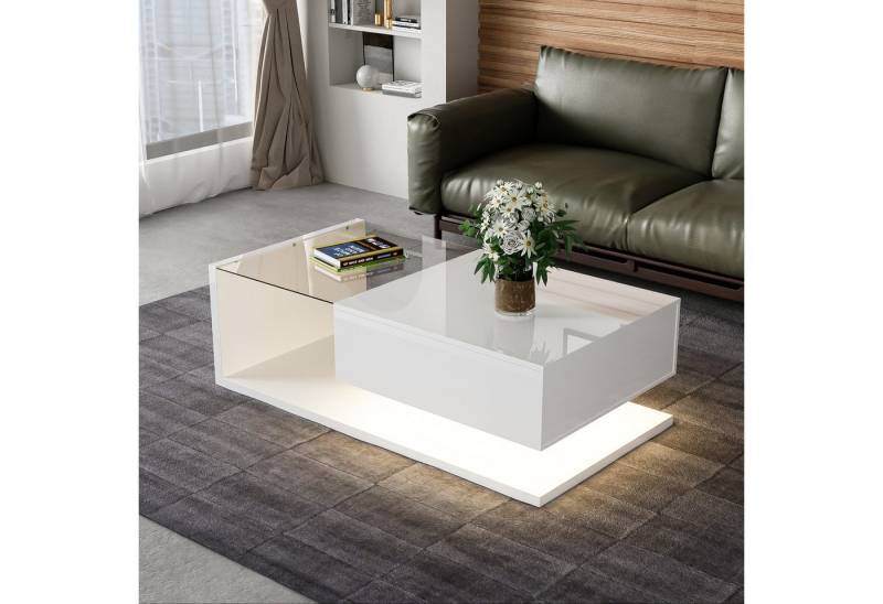 HAUSS SPOLE Couchtisch in Hochglanz mit Glas und LED-Leuchten und 1Schublade, weiß (Wohnzimmertisch, 1-St., 105*55*32,5cm), mit Glastischplatte, Schublade und 16-farbigen variablen LED-Leuchten von HAUSS SPOLE