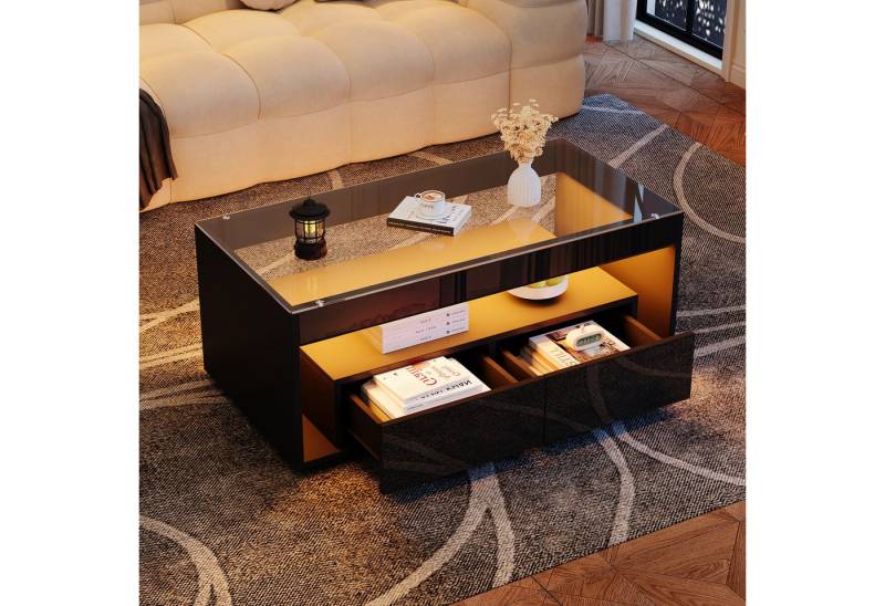 HAUSS SPOLE Couchtisch mit 16-farbigem LED-Licht, 2 großen Schubladen, Hochglanz, schwarz (Satztisch, Wohnzimmertisch, Beistelltisch, 1-St., 2 großen Schubladen), doppelschichtiges Design von HAUSS SPOLE