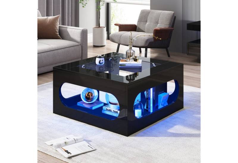 HAUSS SPOLE Couchtisch mit Glasplatte,Wohnzimmertisch Hochglanz-Sofatisch mit LED-Licht (Satztisch, Wohnzimmertisch, 1-St., 70*70*35cm quadratischer Teetisch), Hochglanz LED Beistelltisch mit Tischplatte aus gehärtetem Glas von HAUSS SPOLE