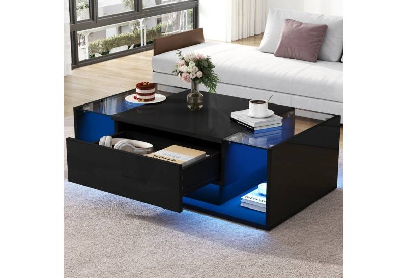 HAUSS SPOLE Couchtisch mit Glasplatte&LED,Wohnzimmertisch Hochglanz-Sofatisch mit Schublade (Satztisch, Beistelltisch, Sofatisch, 1-St., mit 1 Schublade und LED-Lichtleiste), Hochglanz-Sofatisch von HAUSS SPOLE
