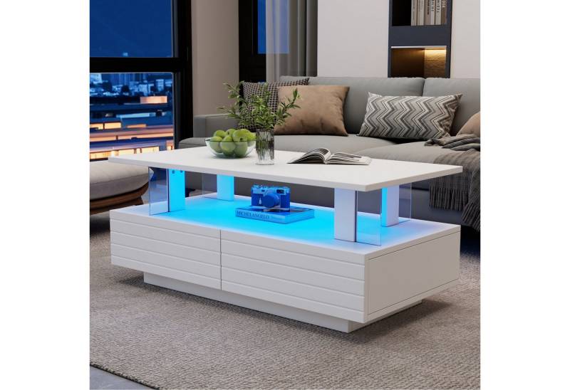 HAUSS SPOLE Couchtisch mit LED-Beleuchtung, Bluetooth-Handy-App-Steuerung für Wohnzimmer Weiß (Satztisch, Beistelltisch, 1-St., 2 Schubladen), Acryl-LED-wohnzimmertisch, mit Bluetooth-Handy-App-Steuerung von HAUSS SPOLE