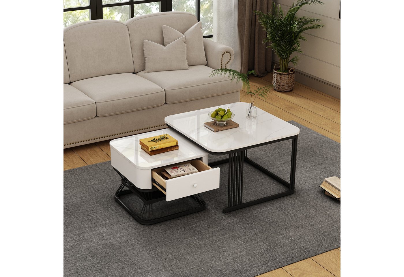 HAUSS SPOLE Couchtisch mit Marmoroptik,2er-Set Wohnzimmertisch Sofatisch mit Schublade (Set, 1-St., Wohnzimmertisch-Set mit 1 Schublade), geometrischer Kaffeetish Set,hochglänzende Marmoroptik von HAUSS SPOLE