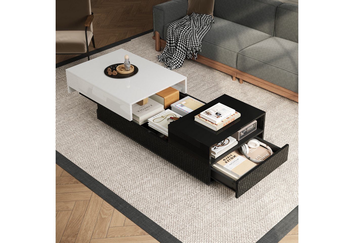 HAUSS SPOLE Couchtisch mit Schublade,Hochglanz-Sofatisch Wohnzimmertisch mit Schiebeplatte (Satztisch, Beistelltisch, 1-St., 1 Schublade, 100*50*38cm), Geometrischer Tisch mit schwarz-weißem Nähdesign von HAUSS SPOLE