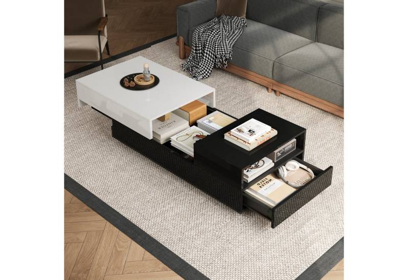 HAUSS SPOLE Couchtisch mit Schublade,Hochglanz-Sofatisch Wohnzimmertisch mit Schiebeplatte (Satztisch, Beistelltisch, 1-St., 1 Schublade, 100*50*38cm), Geometrischer Tisch mit schwarz-weißem Nähdesign von HAUSS SPOLE