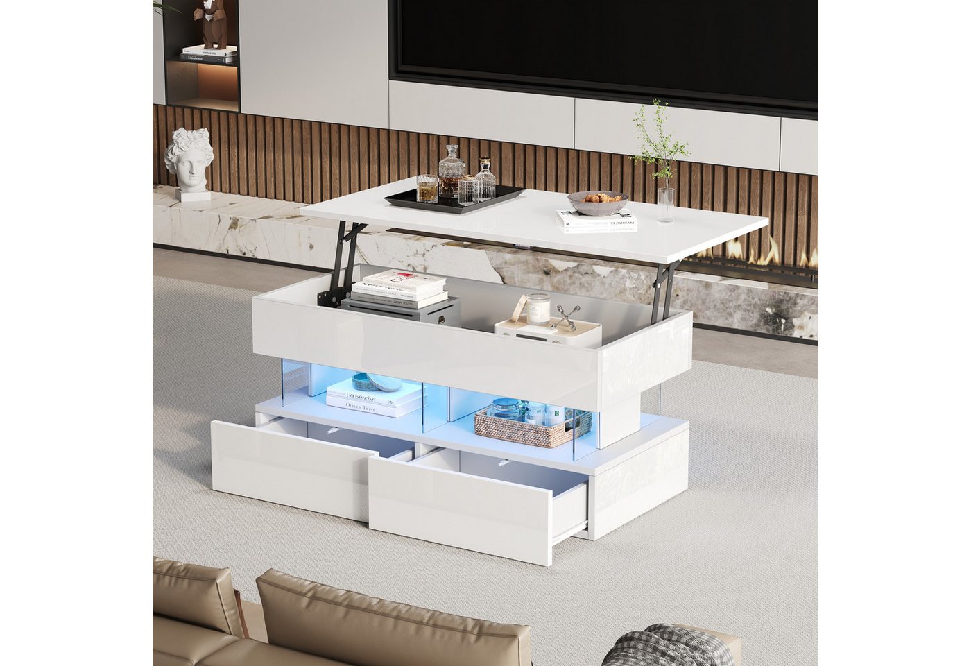 HAUSS SPOLE Couchtisch mit Schubladen,Anhebbarer Sofatisch Wohnzimmertisch mit Hochglanz&LED (Beistelltisch, Sofatisch, 1-St., 2 Schubladen, MDF + gehärtetes Glas), mit höhenverstellbarer Tischplatte und verstecktem Stauraum von HAUSS SPOLE