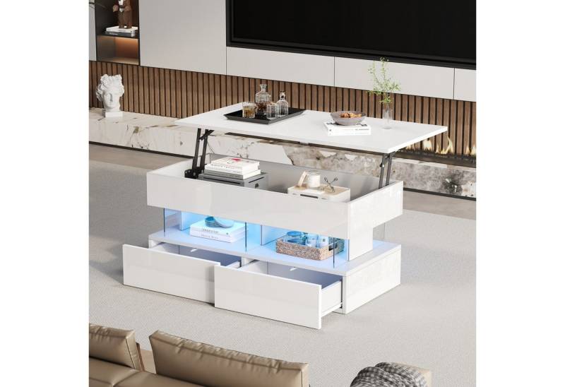 HAUSS SPOLE Couchtisch mit Schubladen,Anhebbarer Sofatisch Wohnzimmertisch mit Hochglanz&LED (Beistelltisch, Sofatisch, 1-St., 2 Schubladen, MDF + gehärtetes Glas), mit höhenverstellbarer Tischplatte und verstecktem Stauraum von HAUSS SPOLE
