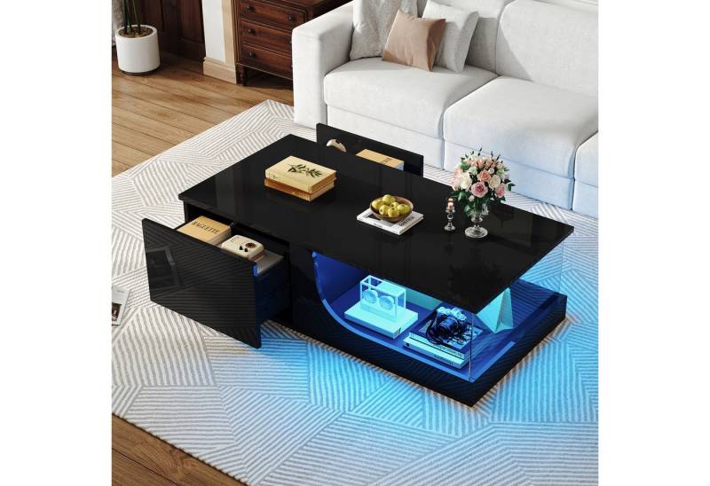 HAUSS SPOLE Couchtisch mit Schubladen,Hochglanz-Sofatisch Wohnzimmertisch mit LED-Beleuchtung (Sofatisch, Wohnzimmer, Kaffeetisch, 1-St., mit 2 Schubladen), mit LED, 100*50*30cm von HAUSS SPOLE