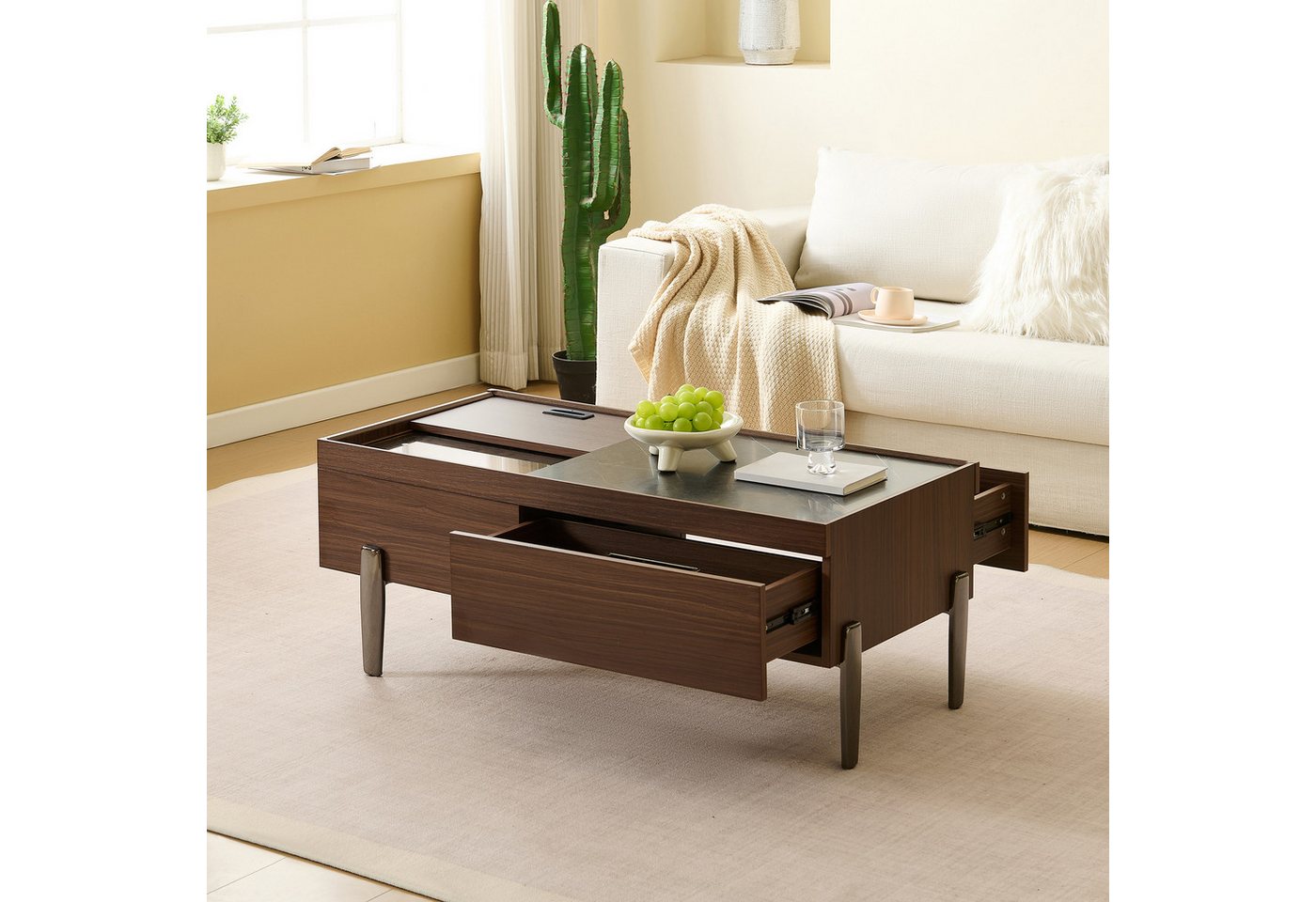 HAUSS SPOLE Couchtisch mit Schubladen,Wohnzimmertisch Sofatisch mit Glasplatte&Metallbeine (Satztisch, Wohnzimmertisch, Beistelltisch, 1-St., Schubladen, Glasplatte, Metallbeine), Dunkelbraunes Holzdesign, Holzmaserung in Marmoptik von HAUSS SPOLE