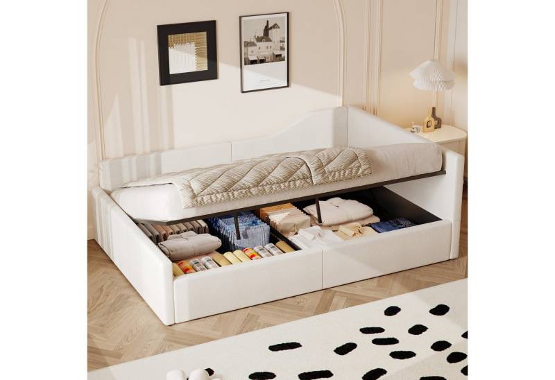 HAUSS SPOLE Daybett 140x200 cm Schlafsofa mit Hydraulischer Stauraum, Leinen Beige (Gepolstertes 140x200 Tagesbett mit Stauraum – Modernes Design aus Leinen mit Rückenlehne & Armlehnen) von HAUSS SPOLE