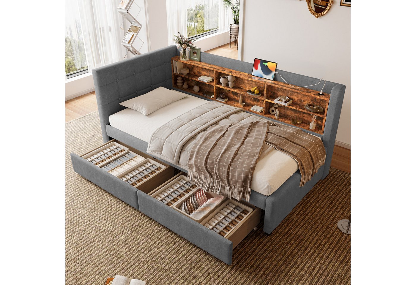 HAUSS SPOLE Daybett 90x200 cm Schlafsofa mit 2 Schubladen, USB + Typ C & Ablage Grau von HAUSS SPOLE