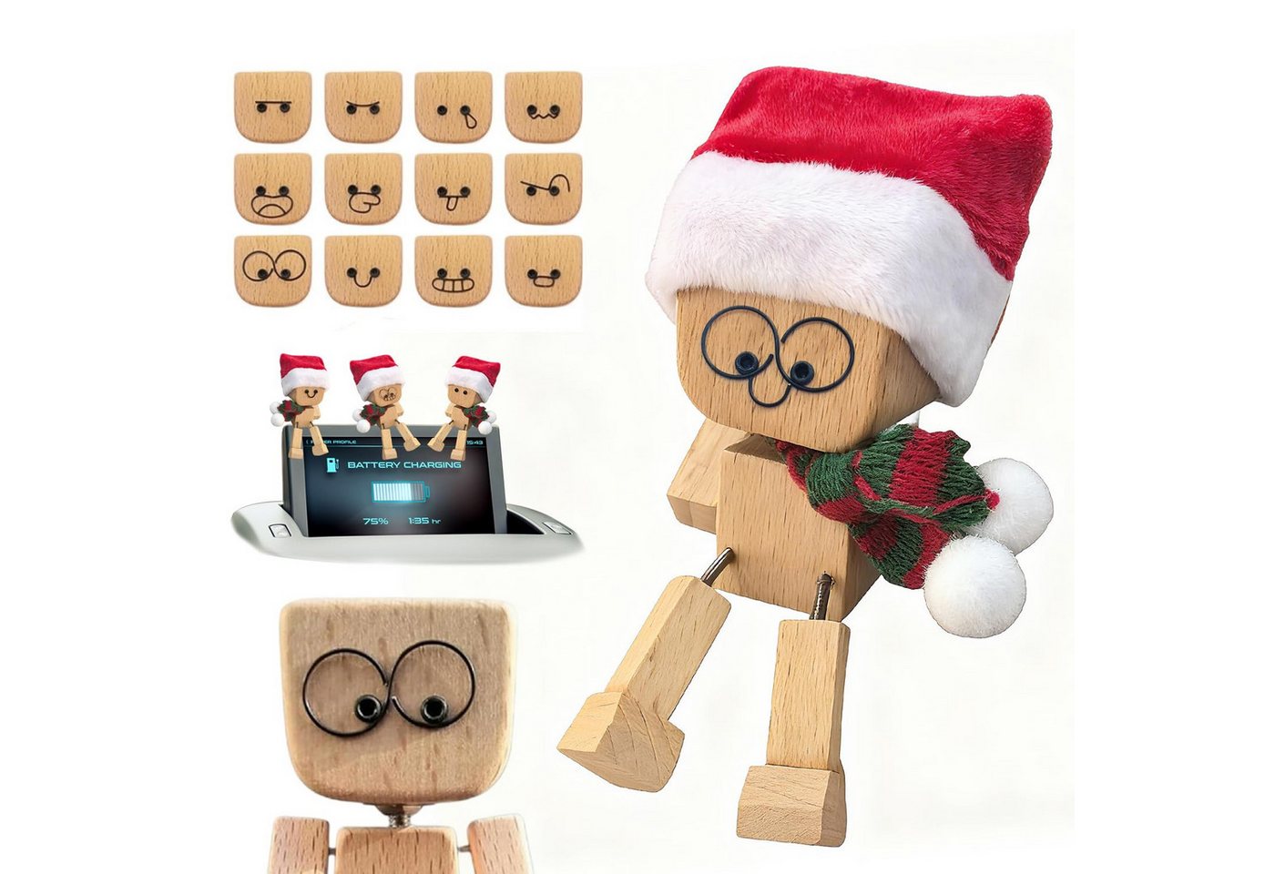 HAUSS SPOLE Dekofigur Holzfigur mit Autoschmuck Weihnachtsfigur magnetisch Schüttelbar (mit 12 Emoji-Magneten zum Austauschen und Kombinieren, 1 St., Geschenk mit fröhlicher Ausstrahlung), Handgefertigte Figur fürs Armaturenbrett Schreibtisch Regal von HAUSS SPOLE