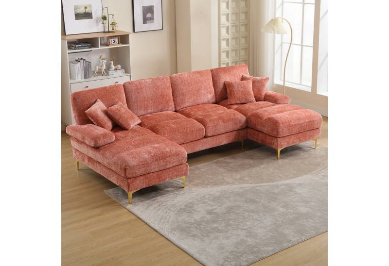 HAUSS SPOLE Ecksofa Schlafsofa Big Sofa mit dicktes Polstern & Kissen, Metallbeine, Rosa von HAUSS SPOLE