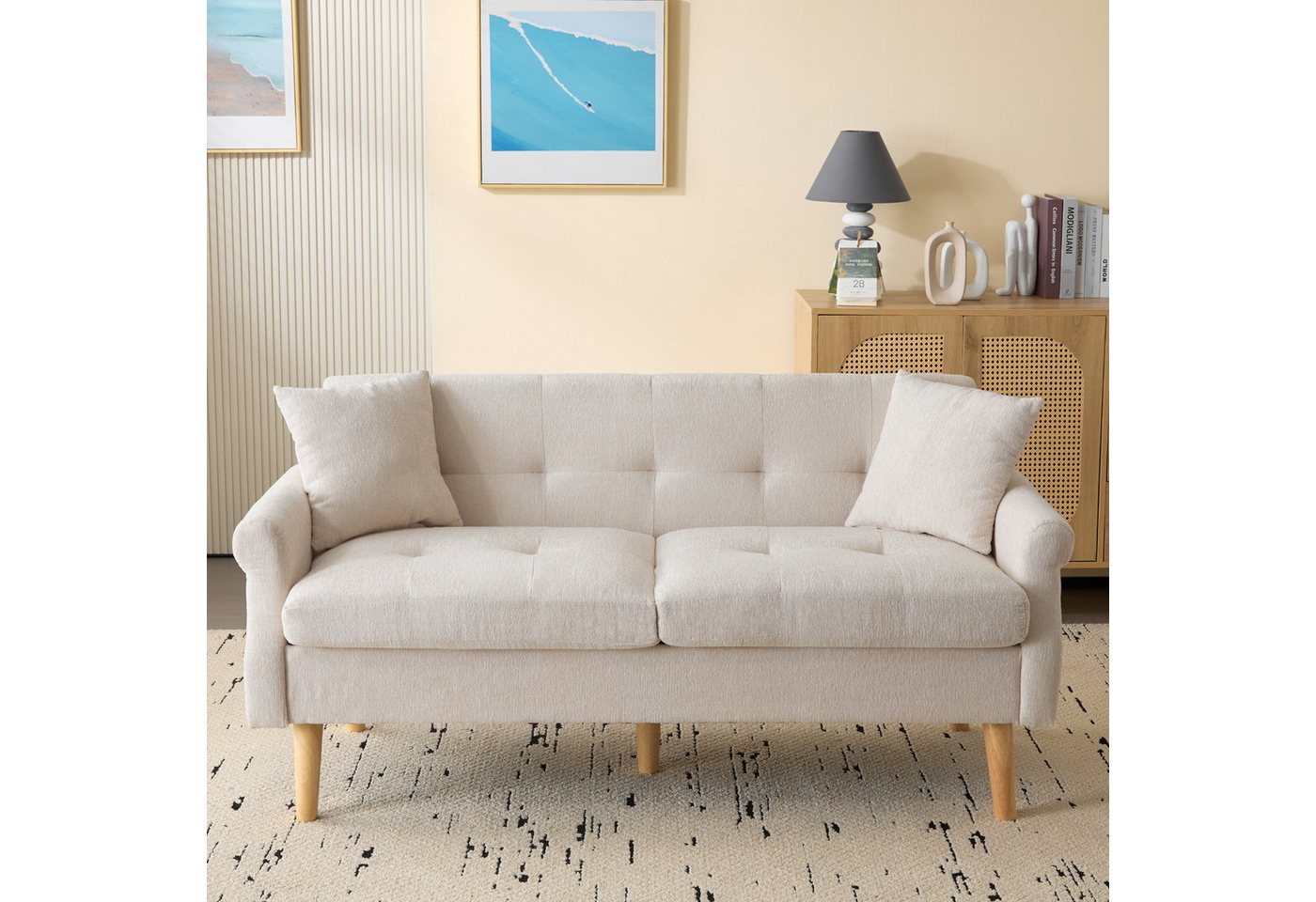 HAUSS SPOLE Ecksofa Schlafsofa Polstersofa mit 15cm dicken Kissen, Chenille-Stoff, Beige, Kompaktes Doppelsofa mit Chenille-Stoff, ergonomischem Design, 15 cm dicken Sitzkissen – Ideal für kleine Wohnzimmer, Schlafzimmer & Apartments, für 2 Personen, mit Relaxfunktion von HAUSS SPOLE