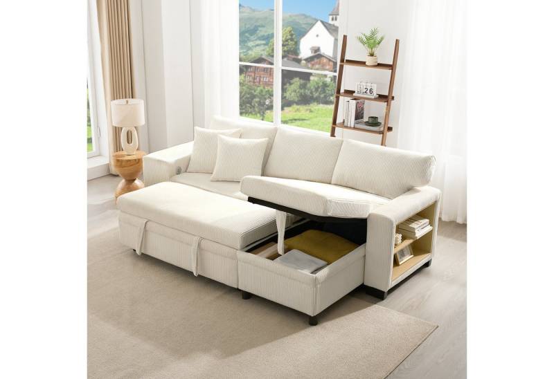 HAUSS SPOLE Ecksofa mit Schlaffunktion,3-Sitzer-Wohnzimmersofa Klappsofa Ecksofa mit USB, Freizeitsofa, 3-Sitzer-Umbausofa mit Seitenablagen und Stauraum von HAUSS SPOLE