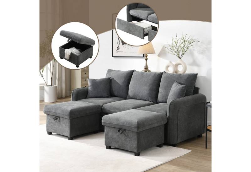 HAUSS SPOLE Ecksofa mit Schubladen, Hocker mit Staufach, mit Schlaffunktion, Chenille, Wohnzimmersofa, Polstersofa, Inklusive Schubladen + Hocker mit Staufach von HAUSS SPOLE