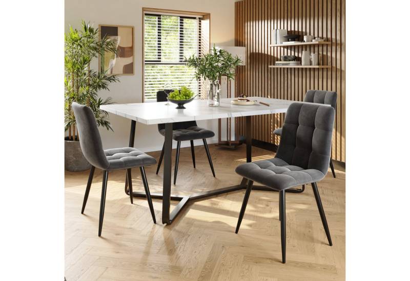 HAUSS SPOLE Essgruppe 5 Teile mit 4 Samt- Stühlen, Esstisch, schwarze Tischbeine, grau, (Modernes 5-teiliges Esstisch-Set, mit marmorierter Tischplatte & schwarzen Metallbeinen, 4 graue Samt-Esszimmerstühle, komfortables und elegantes Design., 5-tlg), MDF marmorierte Tischplatte HAUSS SPOLE Essgruppe 5 Teile mit 4 Samt- Stühlen, Esstisch, schwarze Tischbeine, grau, (Modernes 5-teiliges Esstisch-Set, mit marmorierter Tischplatte & schwarzen Metallbeinen, 4 graue Samt-Esszimmerstühle, komfortables und elegantes Design., 5-tlg), MDF marmorierte Tischplatte von HAUSS SPOLE