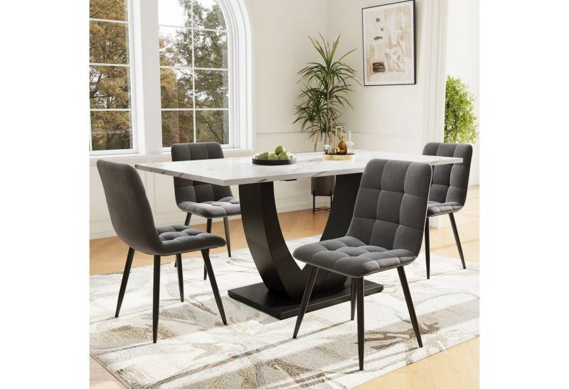HAUSS SPOLE Essgruppe 5 Teile mit 4 Stühlen, U-förmiger Küchentisch, schwarze Beine, Grau, (Stilvolles 5-teiliges Esstisch-Set mit 4 Samt-Stühlen, U-förmiger Tisch mit schwarzem Metallrahmen und weiß marmorierter Tischplatte – Flexibel verstellbar, stabil & komfortabel für Esszimmer und Küche, 5-tlg., 140 x 80cm) HAUSS SPOLE Essgruppe 5 Teile mit 4 Stühlen, U-förmiger Küchentisch, schwarze Beine, Grau, (Stilvolles 5-teiliges Esstisch-Set mit 4 Samt-Stühlen, U-förmiger Tisch mit schwarzem Metallrahmen und weiß marmorierter Tischplatte – Flexibel verstellbar, stabil & komfortabel für Esszimmer und Küche, 5-tlg., 140 x 80cm) von HAUSS SPOLE