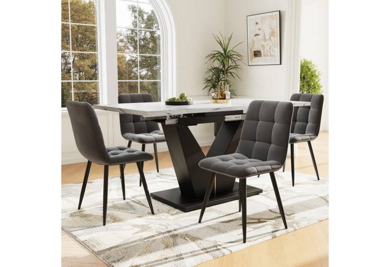 HAUSS SPOLE Essgruppe 5 Teile mit 4 Stühlen, V-förmiger Küchentisch, schwarze Beine, Grau, (5-teiliges Esstisch-Set mit ausziehbarem Tisch (99-159 cm) und grauen Samt-Stühlen, schwarzer V-förmiger Metallrahmen, weiße marmorierte Tischplatte., 5-tlg., 99-159×75cm), Teleskop-Esstisch von HAUSS SPOLE