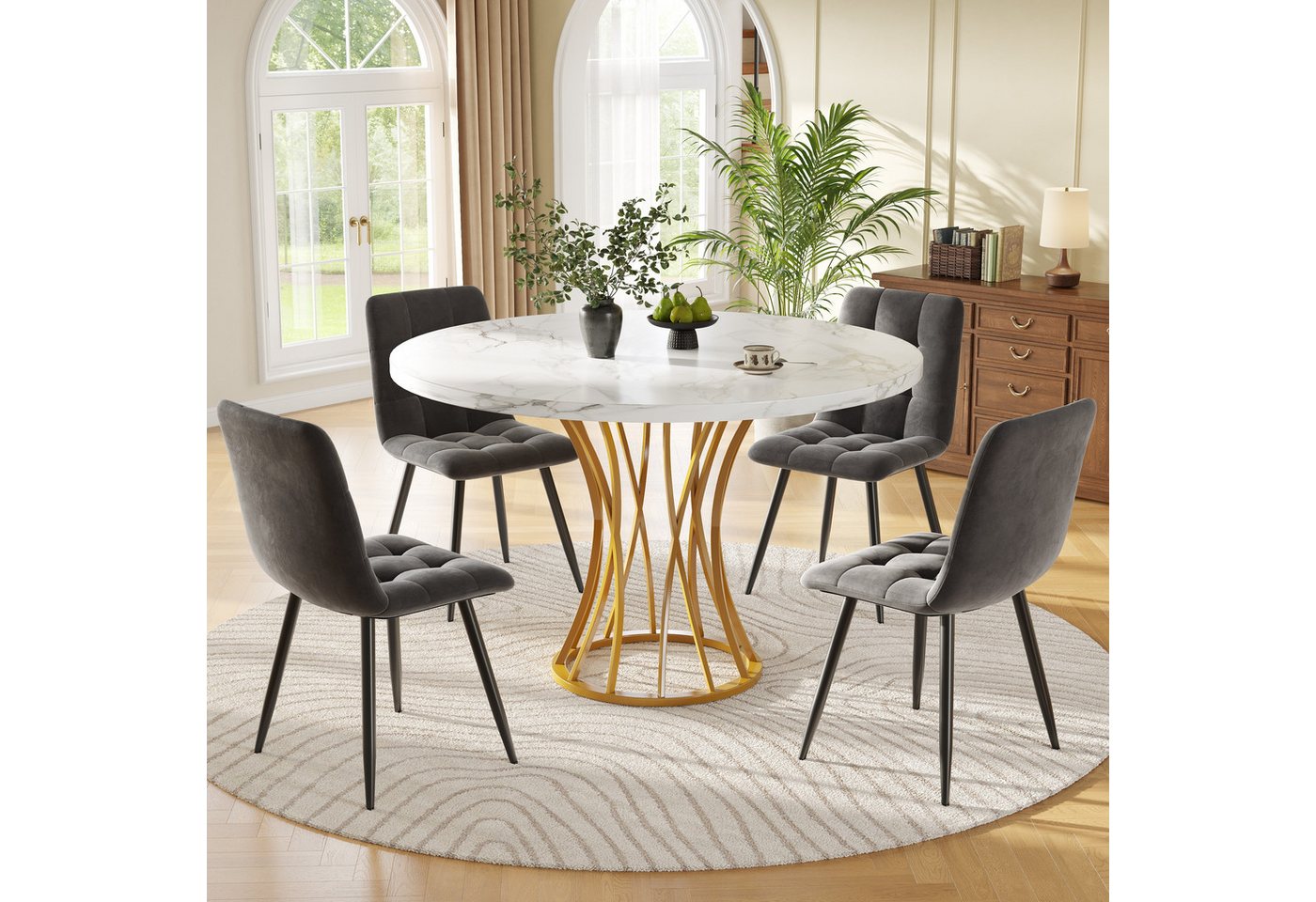 HAUSS SPOLE Essgruppe 5 Teile mit 4 Stühlen, runder Küchentisch mit goldene Metallbeine, (Modernes 5-teiliges Esstisch-Set mit 4 Samtstühlen – 80 cm runder Tisch, weiße Marmorplatte, goldene Metallbeine, verstellbare Füße., 5-tlg) von HAUSS SPOLE