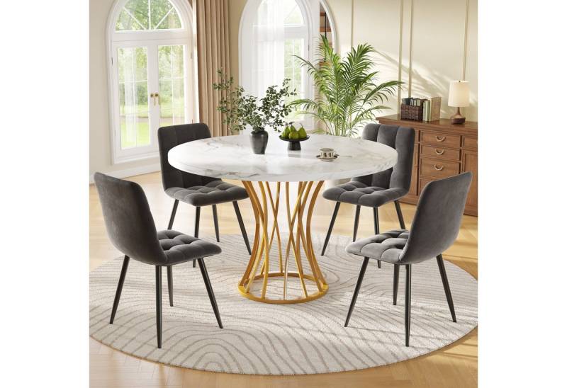 HAUSS SPOLE Essgruppe 5 Teile mit 4 Stühlen, runder Küchentisch mit goldene Metallbeine, (Modernes 5-teiliges Esstisch-Set mit 4 Samtstühlen – 80 cm runder Tisch, weiße Marmorplatte, goldene Metallbeine, verstellbare Füße., 5-tlg) von HAUSS SPOLE