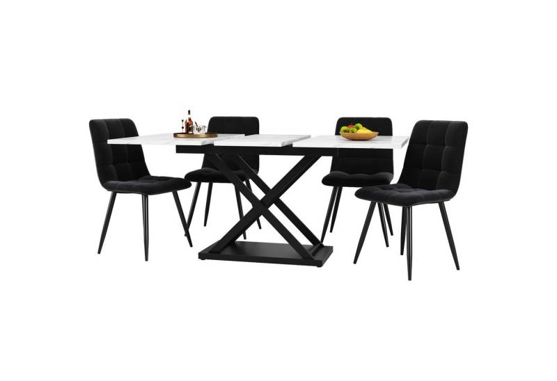 HAUSS SPOLE Essgruppe 5-teilig, Ausziehbares Esstisch mit 4 Stühlen aus Samt, Weiß, (1 Tisch mit 4 Stühlen, 5-tlg., Esstischstühle aus schwarzem Samt), Tischbeine in Kreuzform von HAUSS SPOLE