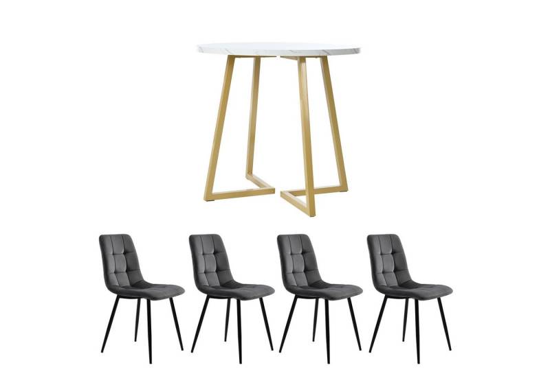 HAUSS SPOLE Essgruppe 5-teilig, Esstisch mit 4 Stühlen, goldenen Metallbeinen, Grau Samt, (5-tlg), mit Metallbeinen, runder Tisch, Samtstühle von HAUSS SPOLE
