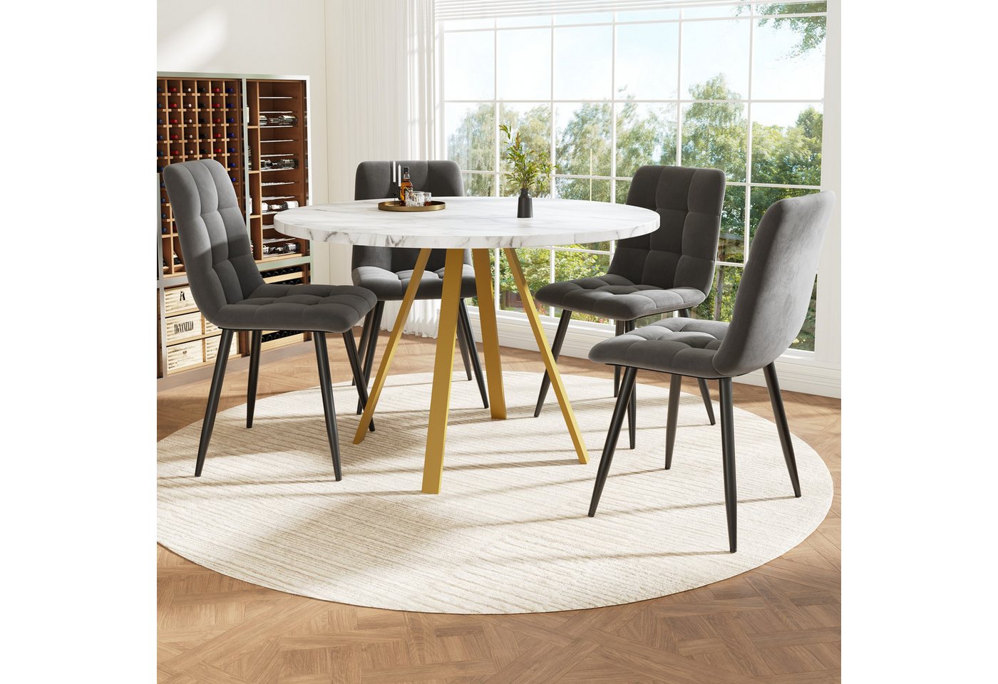 HAUSS SPOLE Essgruppe 5-teilig Esstisch mit 4 Stühlen für 4 Personen, graue Samtstühle, (Esstisch-Set 5-teilig, runder 80x80 cm Esstisch mit 4 ergonomischen Samtstühlen., 5-tlg) von HAUSS SPOLE