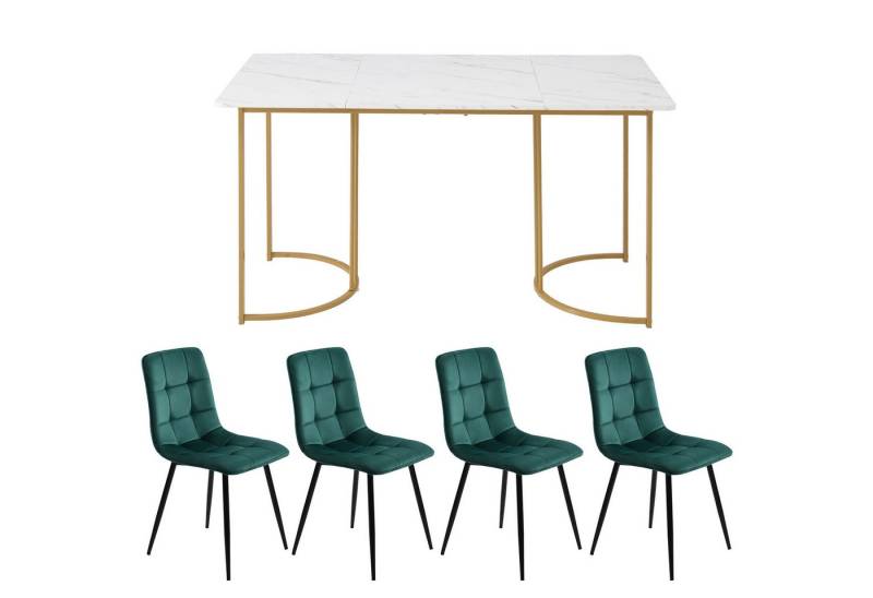 HAUSS SPOLE Essgruppe 5-tlg Esstisch mit Golden Metallbeinen und 4 Samt Stühlen Set, Weiß, (Moderner Küchentisch Set, 5-tlg., mit Samt Esszimmerstühle), 140×80cm Küchentisch mit Metallbeinen, MDF Tischplatte von HAUSS SPOLE