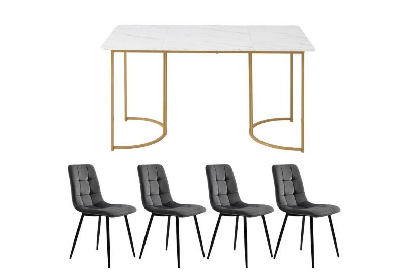 HAUSS SPOLE Essgruppe 5-tlg Esstisch mit Golden Metallbeinen und 4 Samt Stühlen Set, Weiß, (Moderner Küchentisch Set, 5-tlg., mit Samt Esszimmerstühle), 140×80cm Küchentisch mit Metallbeinen, MDF Tischplatte von HAUSS SPOLE