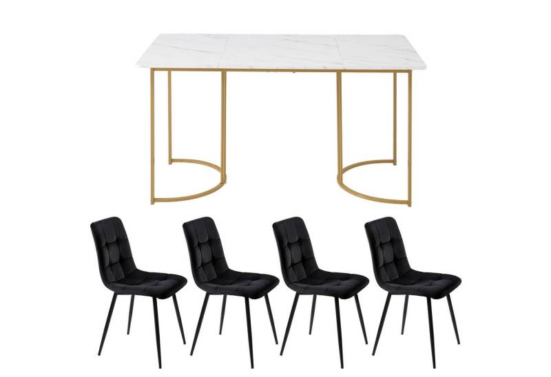 HAUSS SPOLE Essgruppe 5-tlg Esstisch mit Golden Metallbeinen und 4 Samt Stühlen Set, Weiß, (Moderner Küchentisch Set, 5-tlg., mit Samt Esszimmerstühle), 140×80cm Küchentisch mit Metallbeinen, MDF Tischplatte von HAUSS SPOLE