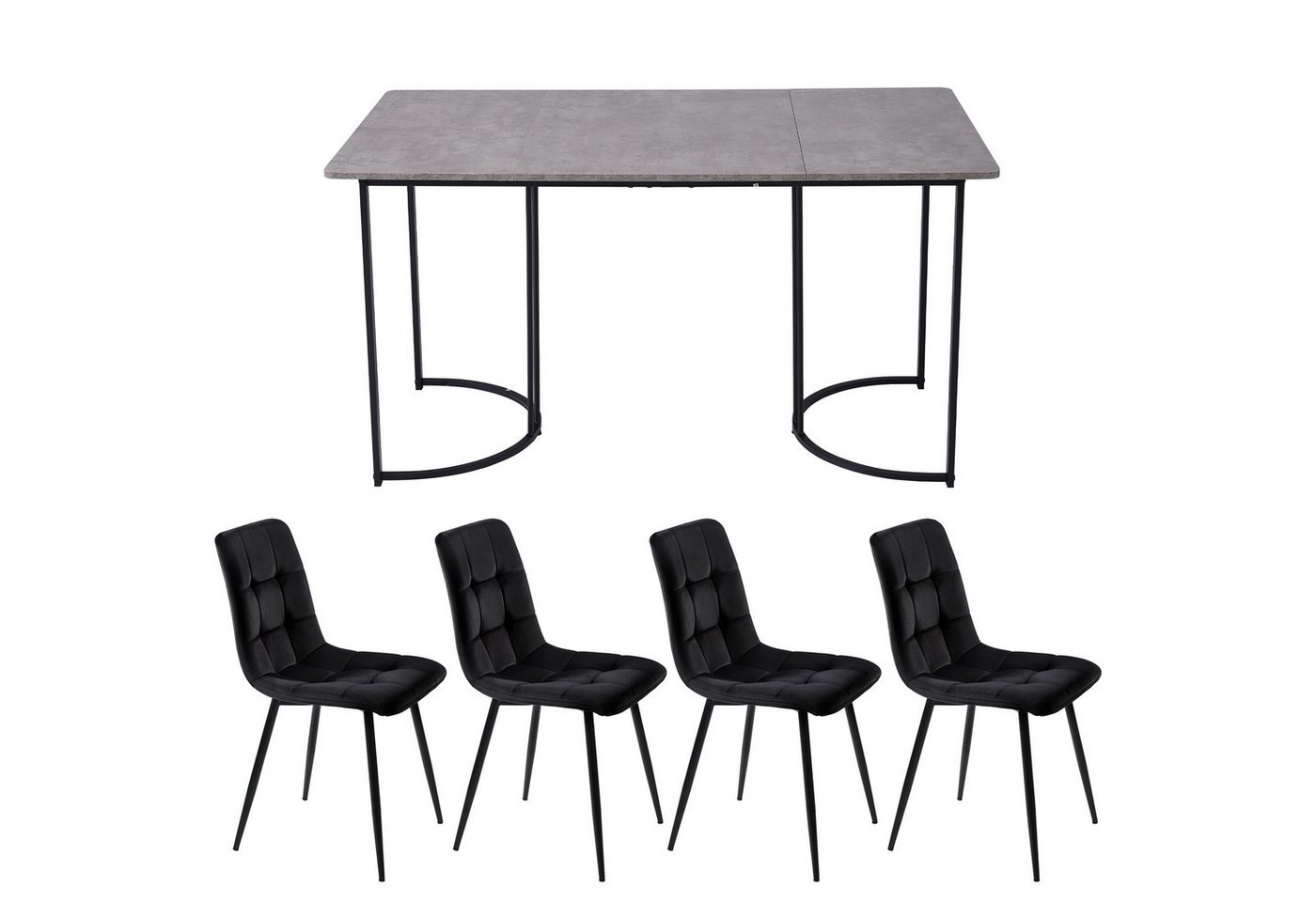 HAUSS SPOLE Essgruppe 5-tlg Esstisch mit Schwarz Metallbeinen und 4 Samt Stühlen Set, Grau, (Moderner Küchentisch Set, 5-tlg., mit Samt Esszimmerstühle), 140×80cm Küchentisch mit Metallbeinen, MDF Tischplatte von HAUSS SPOLE