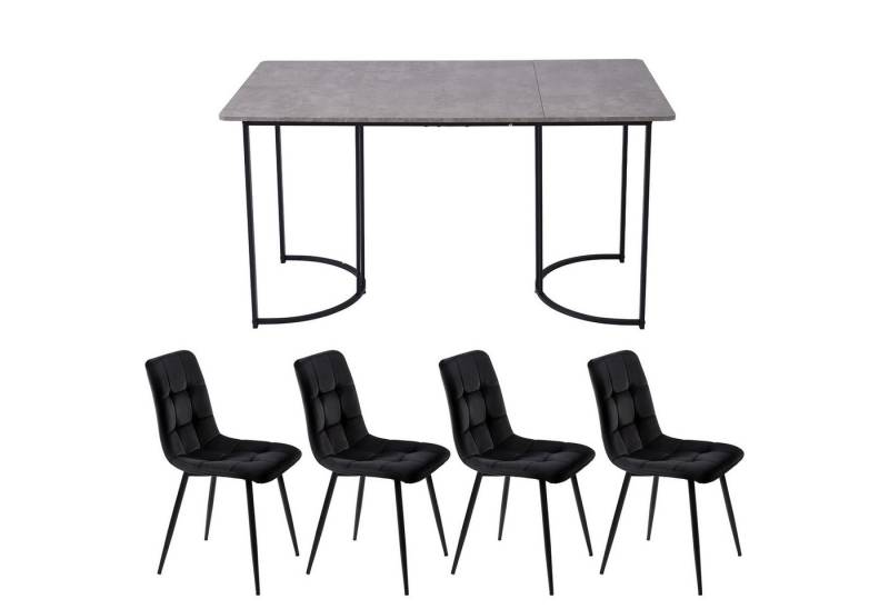 HAUSS SPOLE Essgruppe 5-tlg Esstisch mit Schwarz Metallbeinen und 4 Samt Stühlen Set, Grau, (Moderner Küchentisch Set, 5-tlg., mit Samt Esszimmerstühle), 140×80cm Küchentisch mit Metallbeinen, MDF Tischplatte von HAUSS SPOLE