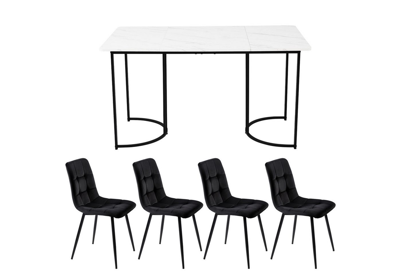 HAUSS SPOLE Essgruppe 5-tlg Esstisch mit Schwarz Metallbeinen und 4 Samt Stühlen Set, Weiß, (Moderner Küchentisch Set, 5-tlg., mit Samt Esszimmerstühle), 140×80cm Küchentisch mit Metallbeinen, MDF Tischplatte von HAUSS SPOLE