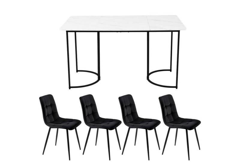 HAUSS SPOLE Essgruppe 5-tlg Esstisch mit Schwarz Metallbeinen und 4 Samt Stühlen Set, Weiß, (Moderner Küchentisch Set, 5-tlg., mit Samt Esszimmerstühle), 140×80cm Küchentisch mit Metallbeinen, MDF Tischplatte von HAUSS SPOLE