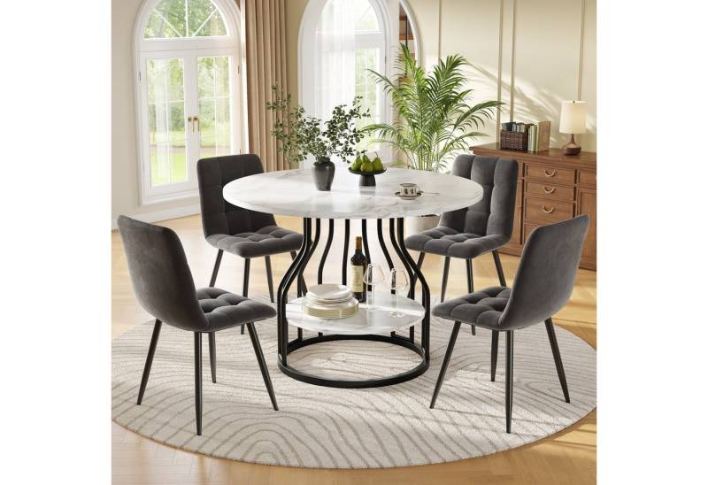 HAUSS SPOLE Essgruppe 5-tlg mit 4 Stühlen, Runder Küchentisch mit Schwarze Metallbeine, (Modernes 5-teiliges Esszimmer-Set mit MDF-Marmor-Tischplatte & 4 Samtstühlen – Stabiler runder Esstisch (80 cm) mit Metallgestell., 5-tlg., 80×80×76cm) von HAUSS SPOLE