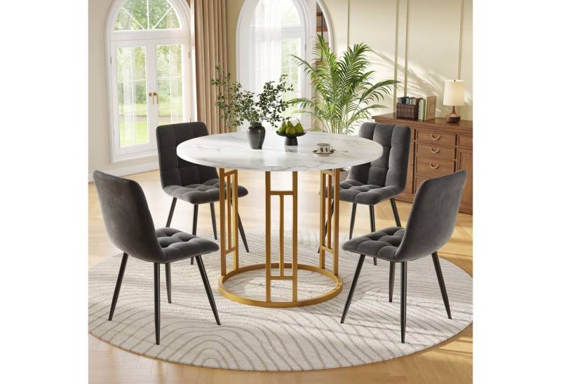 HAUSS SPOLE Essgruppe 5-tlg mit 4 Stühlen, Runder Küchentisch mit goldenen Metallbeinen, (Moderner 5-teiliges Esstisch-Set mit rundem 80 cm MDF-Marmor-Tisch, samtbezogenen Stühlen & verstellbaren goldenen Metallbeinen., 5-tlg) von HAUSS SPOLE