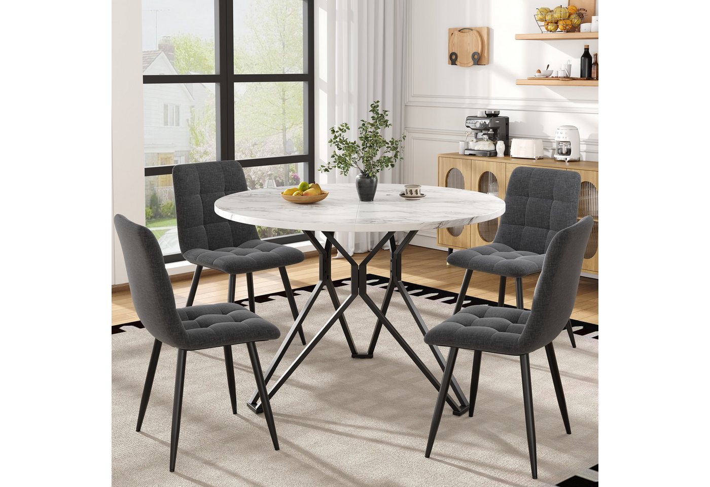 HAUSS SPOLE Essgruppe 5-tlg mit 4 Stühlen, Runder Küchentisch mit schwarzen Metallbeinen, (Modernes 5-teiliges Esstisch-Set – Runder Tisch (100 cm Durchmesser) mit MDF-Marmor-Tischplatte, Schwarze Metallbeine, 4 graue Samt-Stühle., 5-tlg) von HAUSS SPOLE
