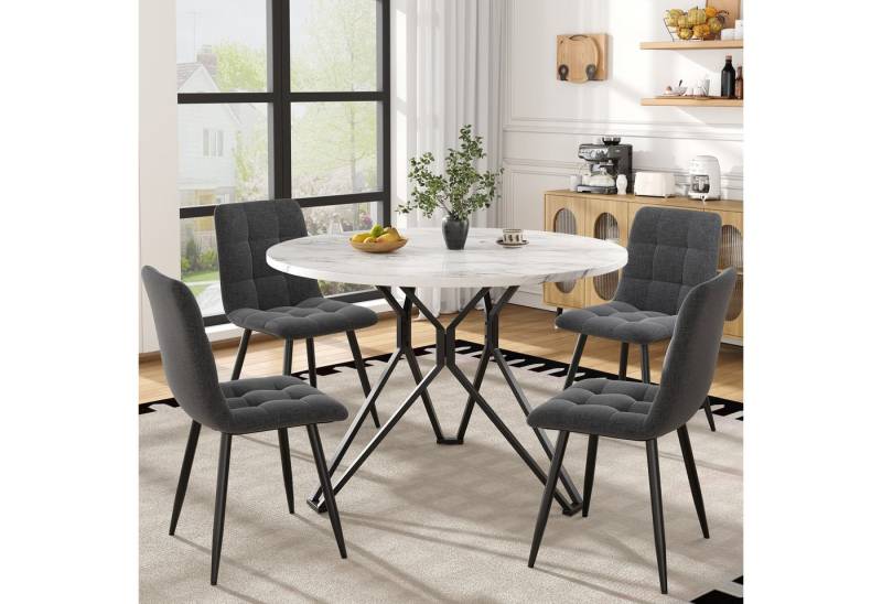 HAUSS SPOLE Essgruppe 5-tlg mit 4 Stühlen, Runder Küchentisch mit schwarzen Metallbeinen, (Modernes 5-teiliges Esstisch-Set – Runder Tisch (100 cm Durchmesser) mit MDF-Marmor-Tischplatte, Schwarze Metallbeine, 4 graue Samt-Stühle., 5-tlg) von HAUSS SPOLE