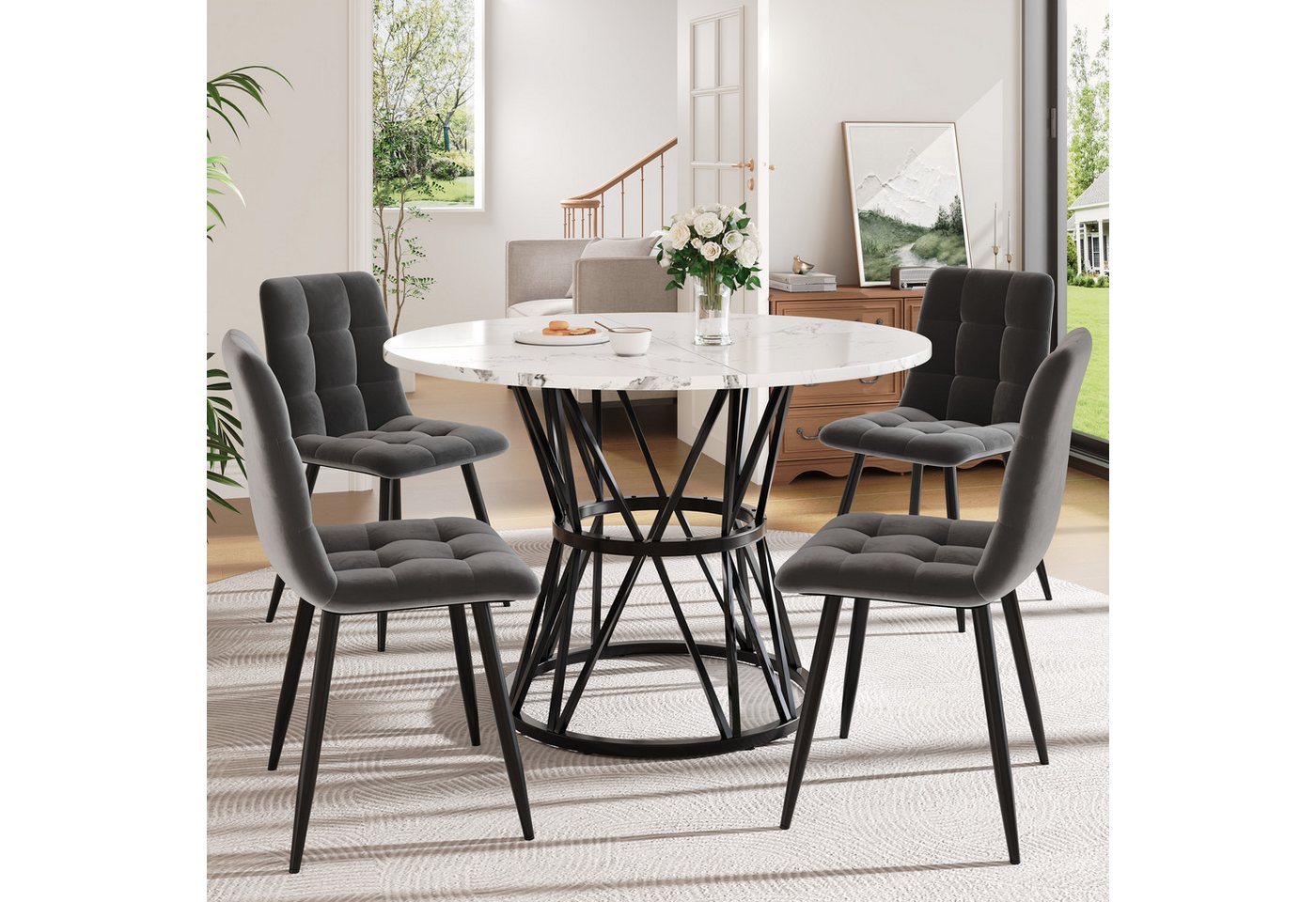 HAUSS SPOLE Essgruppe 5-tlg mit 4 Stühlen, Runder Küchentisch mit schwarzen Metallbeinen, (Modernes 5-teiliges Esstisch-Set mit 100 cm MDF-Marmor-Tischplatte, verstellbaren Metallbeinen & samtbezogenen Stühlen., 5-tlg) von HAUSS SPOLE
