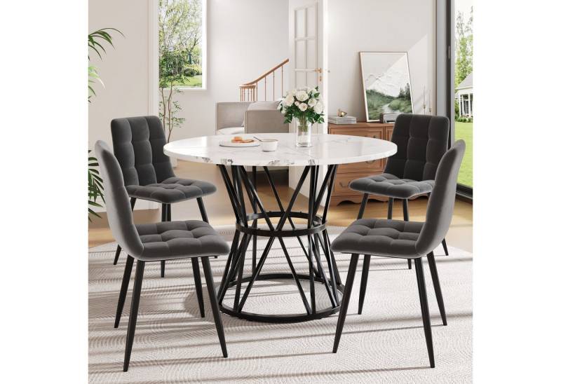 HAUSS SPOLE Essgruppe 5-tlg mit 4 Stühlen, Runder Küchentisch mit schwarzen Metallbeinen, (Modernes 5-teiliges Esstisch-Set mit 100 cm MDF-Marmor-Tischplatte, verstellbaren Metallbeinen & samtbezogenen Stühlen., 5-tlg) von HAUSS SPOLE