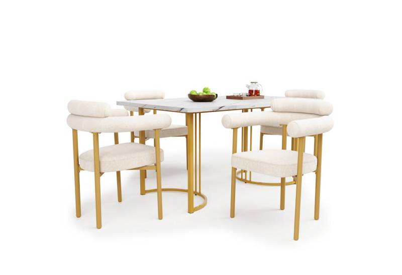 HAUSS SPOLE Essgruppe 5er Set Esstisch mit Tischbeinen aus Metall und 4 Beigen Samt-Stühle, (Esstisch- und Stuhlset, elegante Metall-Tischbeine, komfortable Samt-Hohlsessel in Creme, für moderne Wohnzimmer & Restaurants, langlebig & stylish, 5-tlg), Esstisch mit Design-Tischbeinen, Samt-Hohlsesseln von HAUSS SPOLE