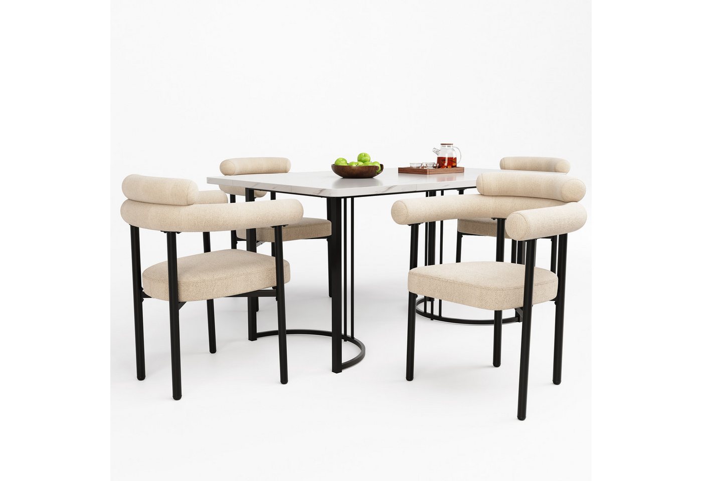 HAUSS SPOLE Essgruppe 5er Set Esstisch mit Tischbeinen aus Metall und 4 beige Samt-Stühle, (5-tlg) von HAUSS SPOLE