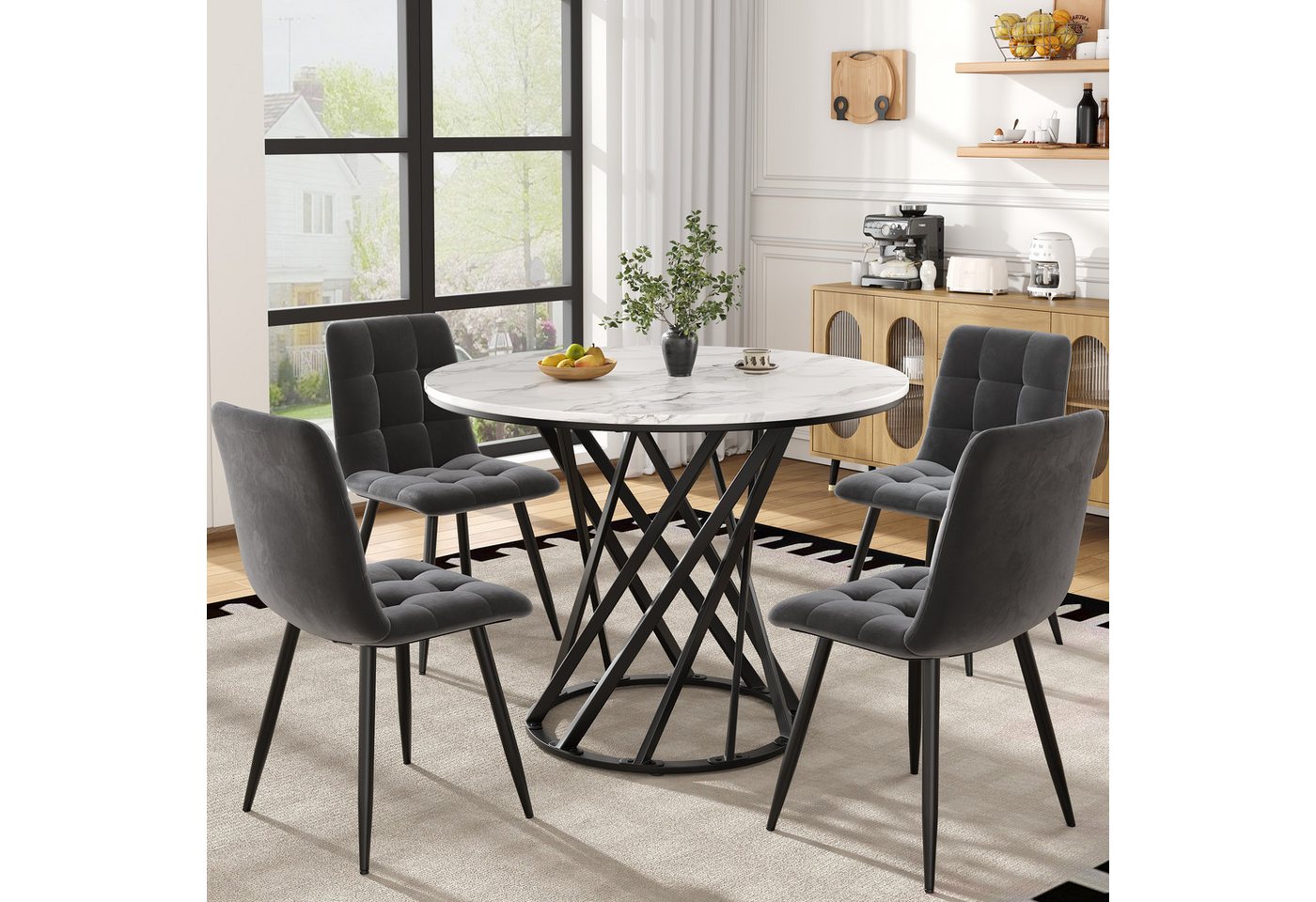 HAUSS SPOLE Essgruppe 5tlg Esstisch mit 4 Stühlen, schwarzen Metallbeinen, Samtstühle, (Stuhl:44*41*86 Esstisch:Durchmesser 80 cm, Höhe 76 cm) von HAUSS SPOLE