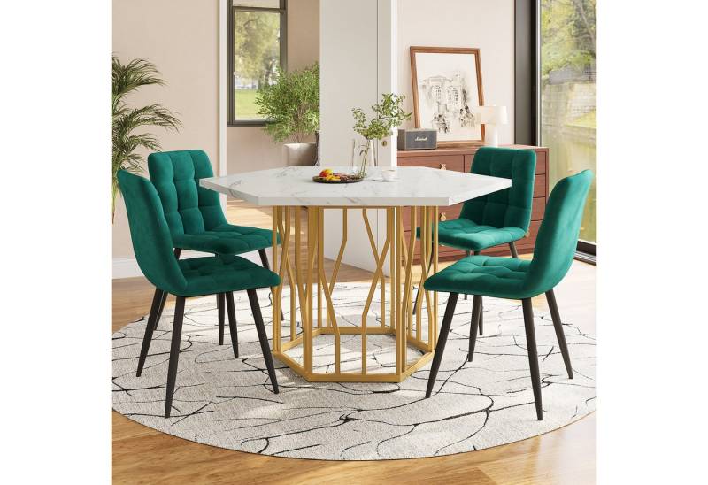 HAUSS SPOLE Essgruppe 5tlg sechseckiger Esstisch mit 4 Esszimmerstühle aus grünem Samt, (5-tlg) von HAUSS SPOLE
